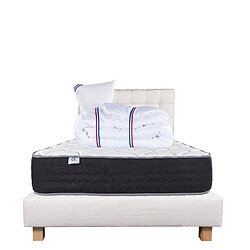 LUXURY LITERIE Ensemble matelas Sérénité 90x190 cm + sommier beige ep20cm + oreiller + couette + Tête de Lit