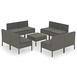 vidaXL Salon de jardin 9 pcs avec coussins Résine tressée Gris