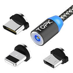 Wewoo 2m Sortie 2.1A USB vers iPhone Lightning 8 broches + Câble de charge magnétique tressé avec maille tressée USB + USB-C / Type-C voyant LED Gris