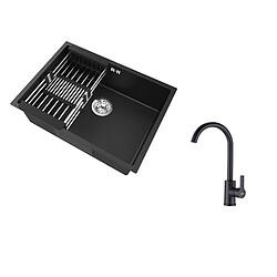 Auralum Max Évier Cuisine 1 Bac 60*44*20CM,inox 304,à Encastrer/sous-plan avec Panier Drainage,Noir+Mitigeur Cuisine Pivotant à 360°,Noir