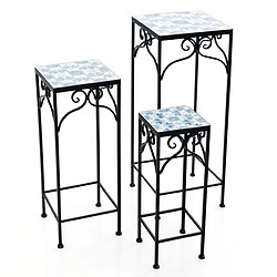 Helloshop26 Lot de 3 supports pots de fleurs plateau en céramique à motifs mosaïque patin antidérapant porte plante en métal bleu 20_0003178