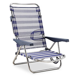 Chaise de Plage Lit Pliable Solenny 4 Positions Bleu et Blanc Dossier Bas avec Accoudoirs 81x62x86 cm