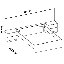 Pegane Ensemble de Tête de lit avec 2 tables de chevet avec 2 tiroirs et structure de lit, 140x190 cm + commode haute coloris imitation lamelles, blanc, chêne naturel