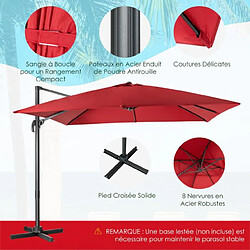 Helloshop26 Parasol déporté inclinable 3x3 m avec base croisée rotation à 360° manivelle 8 baleines event pour jardin terrasse vin-rouge 20_0009019