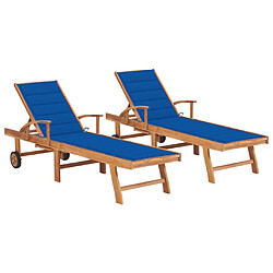 vidaXL Chaises longues lot de 2 avec coussin bleu royal Teck solide 