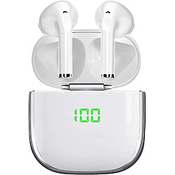 Chrono Écouteurs Bluetooth 5 sans Fil Stéréo, Oreillettes Intra-Auriculaires 30h Indicateur de Batterie Assistant Vocal pour iOS Android Telephone Portable PC TV,Appairage Automatique,Microphone Intégré(Blanc)