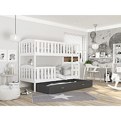 Kids Literie Lit Superposé Teo 90x190 Blanc - gris Livré avec sommiers, tiroir et matelas en mousse de 7cm