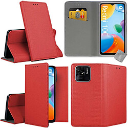 Htdmobiles Housse etui portefeuille avec coque intérieure en silicone pour Xiaomi Redmi 10C + film ecran - ROUGE MAGNET