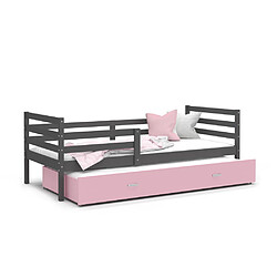 Kids Literie Lit Gigogne Milo 90x190 Gris - rose Livré avec sommiers, tiroir et matelas en mousse de 7cm