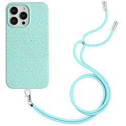 Coque en TPU + paille de blé entièrement biodégradable, texture naturelle, anti-chocs avec sangle pour votre iPhone 14 Pro Max - bleu ciel