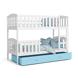 Kids Literie Lit Superposé 3 Places Teo 90x190 Blanc - bleu Livré avec sommiers, tiroir et matelas en mousse de 7cm