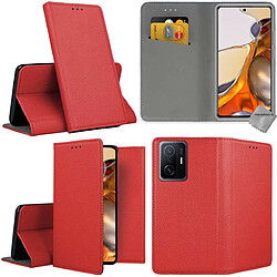 Htdmobiles Housse etui portefeuille avec coque intérieure en silicone pour Xiaomi 11T 5G / 11T Pro 5G + film ecran - ROUGE MAGNET