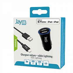 Jaym aym - Pack Chargeur Voiture 2 PORT USB 12W + Câble Lightning 1 mètre Compatible Lightning MFI Noir