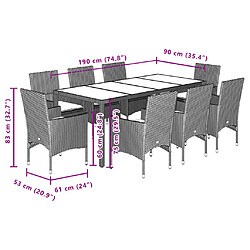 vidaXL Ensemble à manger de jardin et coussins 9 pcs noir rotin verre pas cher