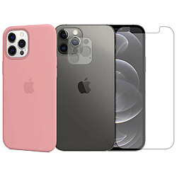 Protection intégrale Verre Trempé pour iPhone 12 Pro + Verre Trempé Caméra Arrière + Coque souple silicone Rose Clair -Visiodirect -