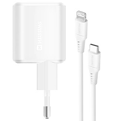 Swissten Chargeur USB C GaN 20W Compact avec Câble Lightning 1.2m Blanc