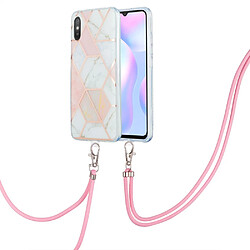 Coque en TPU 2,0mm, électroplaqué IMD double face, épissage motif marbre avec lanière rose/blanc pour votre Xiaomi Redmi 9A