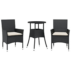 vidaXL Ensemble à manger de jardin et coussins 3 pcs noir rotin verre