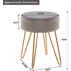 Decoshop26 Tabouret en tissu velours gris pieds en métal doré 35x35x45 cm TABO09077