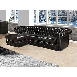 Vente-Unique Canapé d'angle chesterfield BRENTON 100% cuir de buffle - Marron reflets châtains - Angle gauche