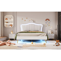 Avis KOMHTOM Lit Double Capitonné 140 X 200 cm - Cadre De Lit Couronne Blanche - En Cuir Pu Avec LED - Sommier À Lattes et Dossier - Sans Matelas