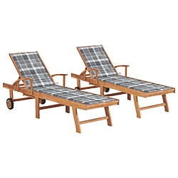 Helloshop26 Lot de 2 transats chaise longue bain de soleil lit de jardin terrasse meuble d'extérieur avec coussin carreaux gris teck solide 02_0012029