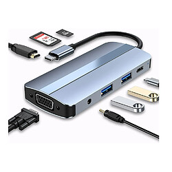 Chrono Hub USB C, adaptateur multiport USB C 8 en 1 avec 100 W PD 4K HDMI VGA USB 3.0 lecteur de carte SD/TF et AUX 3,5 mm, station d'accueil compatible avec les ordinateurs portables MacBook Pro et Air USB C et autres appareils de type C (bleu)