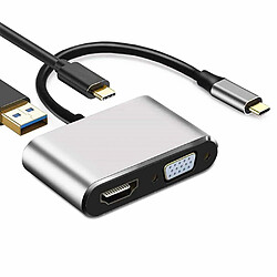 Wewoo Adaptateur USB C vers HDMI VGA 4K 4 en 1 de type C Hub vers HDMI VGA multiport AV numérique USB 3.0 avec port de charge PD USB-C Compatible pour Nintendo Switch / Samsung / MacBook argenté