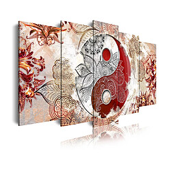 Dekoarte 509 - Tableau moderne sur toile monté sur cadre en bois 5 pièces, yin et yang de style ethnique rouge / beig, 150x80cm