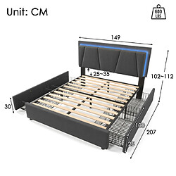 Avis ComfortXL Lit Polster Avec Éclairage LED, 4 Tiroirs, 140x200cm, Gris