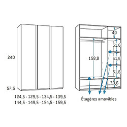 Inside 75 Armoire finition chêne blanchis 3 portes longues poignée New Perfil gauche 124,5 x 57,5 x 240 cm