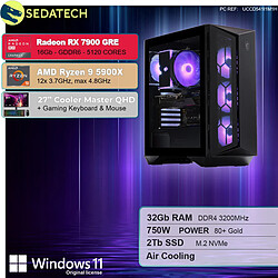 Sedatech Pack PC Gamer ATX Compact • AMD Ryzen 9 5900X • RX 7900 GRE • 32Go RAM • 2To SSD M.2 • Windows 11 • Moniteur 27''