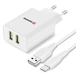 Chargeur Secteur Double USB 2.1A Smart IC + Câble USB-C Swissten Blanc