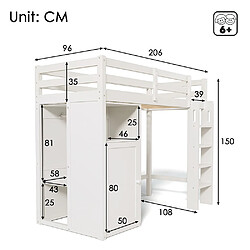 KOMHTOM Lit d'enfant surélevé avec armoire et étagères Lit d'enfant avec sommier à lattes et protection contre les chutes Lit simple 90x200 cm Blanc pas cher