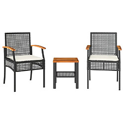 Maison Chic Ensemble de bistro 3 pcs coussins,Table + chaises + coussins de jardin noir résine tressée acacia -GKD147285