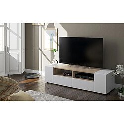 Meuble TV décor blanc et chêne - Dim : L 138 x P 42 x H 34 cm -PEGANE-