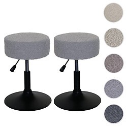 Mendler Lot de 2 tabourets HWC-C22, tabouret de maquillage, réglable en hauteur pivotant Ø 37cm Tissu Bouclé (450g/m²) ~ gris