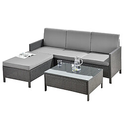 Salon de Jardin Design Set de 3 Meubles Extérieurs Ensemble de Canapé Tabouret Table Basse Sièges avec Coussins 4 Places Acier Polyrotin Verre Polyester Gris [en.casa]