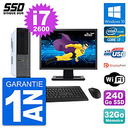 PC Dell 990 DT Ecran 22" Intel Core i7-2600 RAM 32Go SSD 240Go Windows 10 Wifi - Occasion