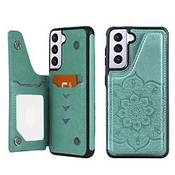 Coque en TPU + PU motif fleur, anti chute avec béquille et porte-cartes vert pour votre Samsung Galaxy S21 5G