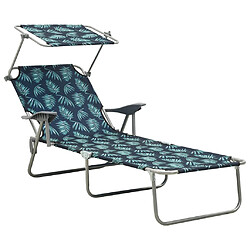 Helloshop26 Transat chaise longue bain de soleil lit de jardin terrasse meuble d'extérieur avec auvent acier motif de feuilles 02_0012266