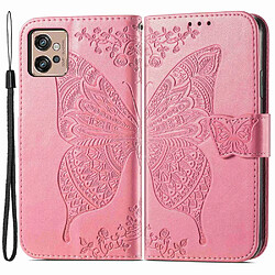 Etui en PU motif papillon, fermoir magnétique avec support et sangle pour votre Motorola Moto G32 4G - rose