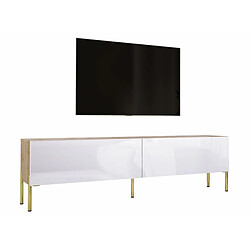 3XELIVING Meuble TV en couleur Chêne wotan / Blanc Brillant avec pieds droits en or, D: l : 170 cm, H : 52 cm, P : 32 cm