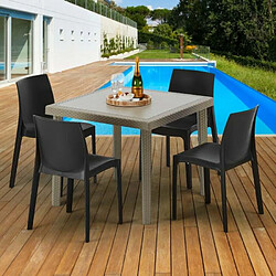 Grand Soleil Table carrée beige + 4 chaises colorées Poly rotin synthétique Elegance, Chaises Modèle: Rome jaune