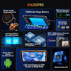 Noir BLACKVIEW BV6200 PRO Robuste Smartphone 6Go/126Go Dual sim 4G android 13 13000mAh(18W) (438g)