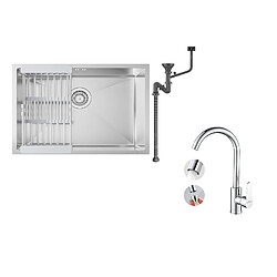 Auralum max Évier Cuisine 1 Bac 60*44*20CM,en inox 304,à Encastrer/sous-plan avec Panier Drainage,Nano Silver+Mitigeur Cuisine Chromé,Pivotant 360°