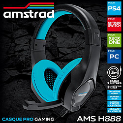 Casque Pro Gamer Amstrad AMS H888 BLUE 40mm Power Bass avec micro intégré, réglage volume