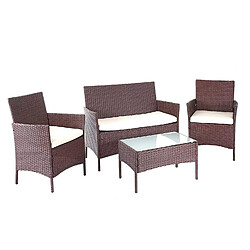 Decoshop26 Salon de jardin avec fauteuils banc et table en poly-rotin marron et coussin crème MDJ04146