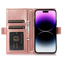 Etui en PU texture litchi, anti-écaillage avec pochette à fermeture éclair et sangle pour votre iPhone 14 Pro Max - rose