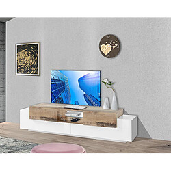 Alter Meuble TV de salon, Made in Italy, Meuble TV avec 4 portes et étagères, 220x45h51 cm, Couleur blanc brillant et érable